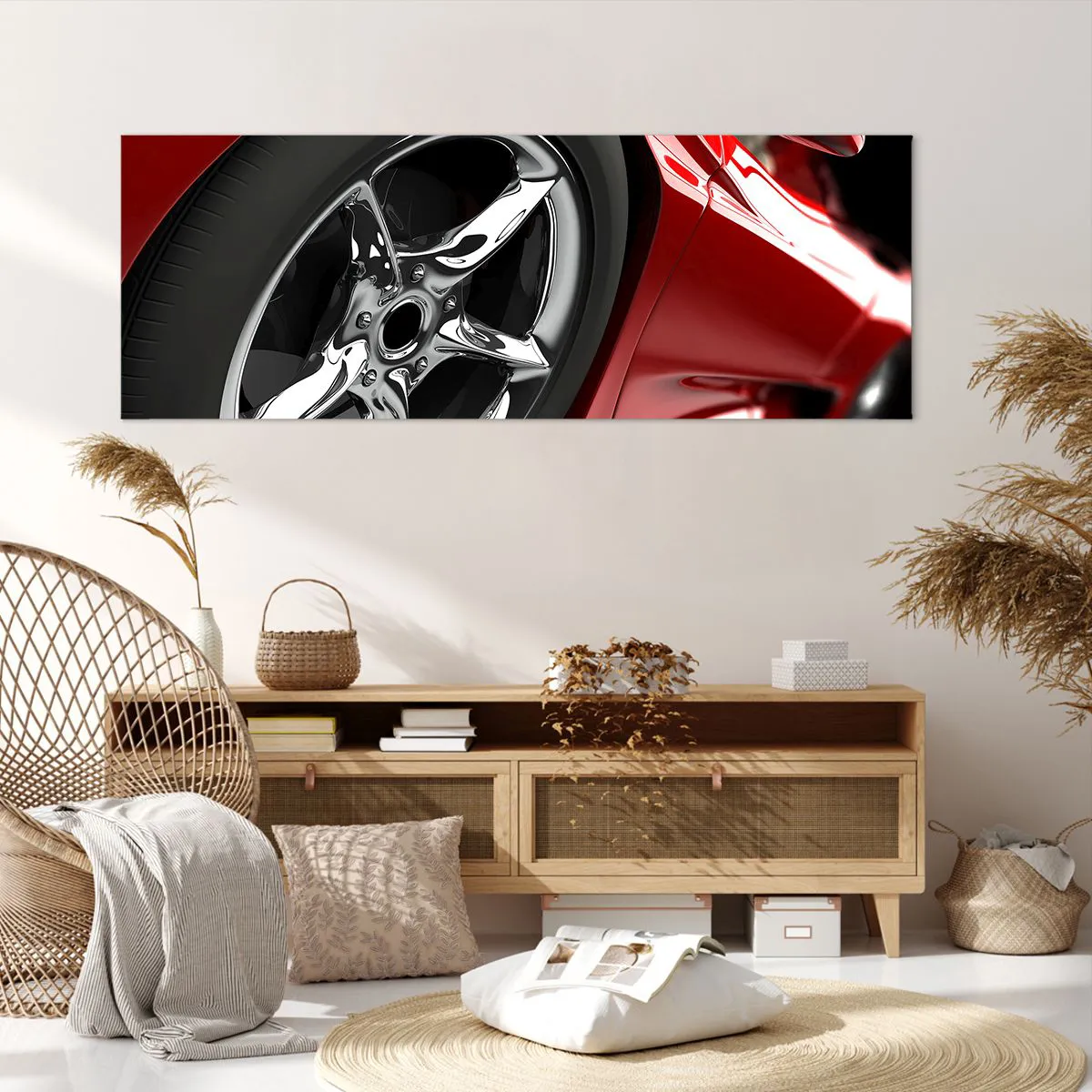 Cuadro sobre lienzo - Impresión de Imagen - Coche deportivo rojo con ruedas cromadas - 140x50cm - Creado para la velocidad - Decoración de pared moderna para salón y dormitorio ARTTOR