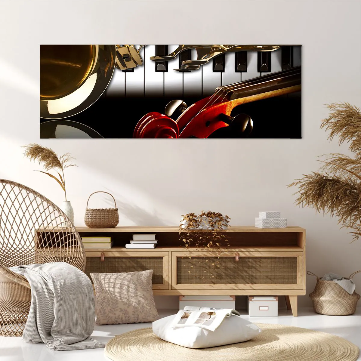 Impression sur toile - Image sur toile - Un saxophone doré, des touches de piano et un violon rouge - 140x50cm - Tôle, bois et ivoire - Décoration murale moderne pour le salon et la chambre ARTTOR