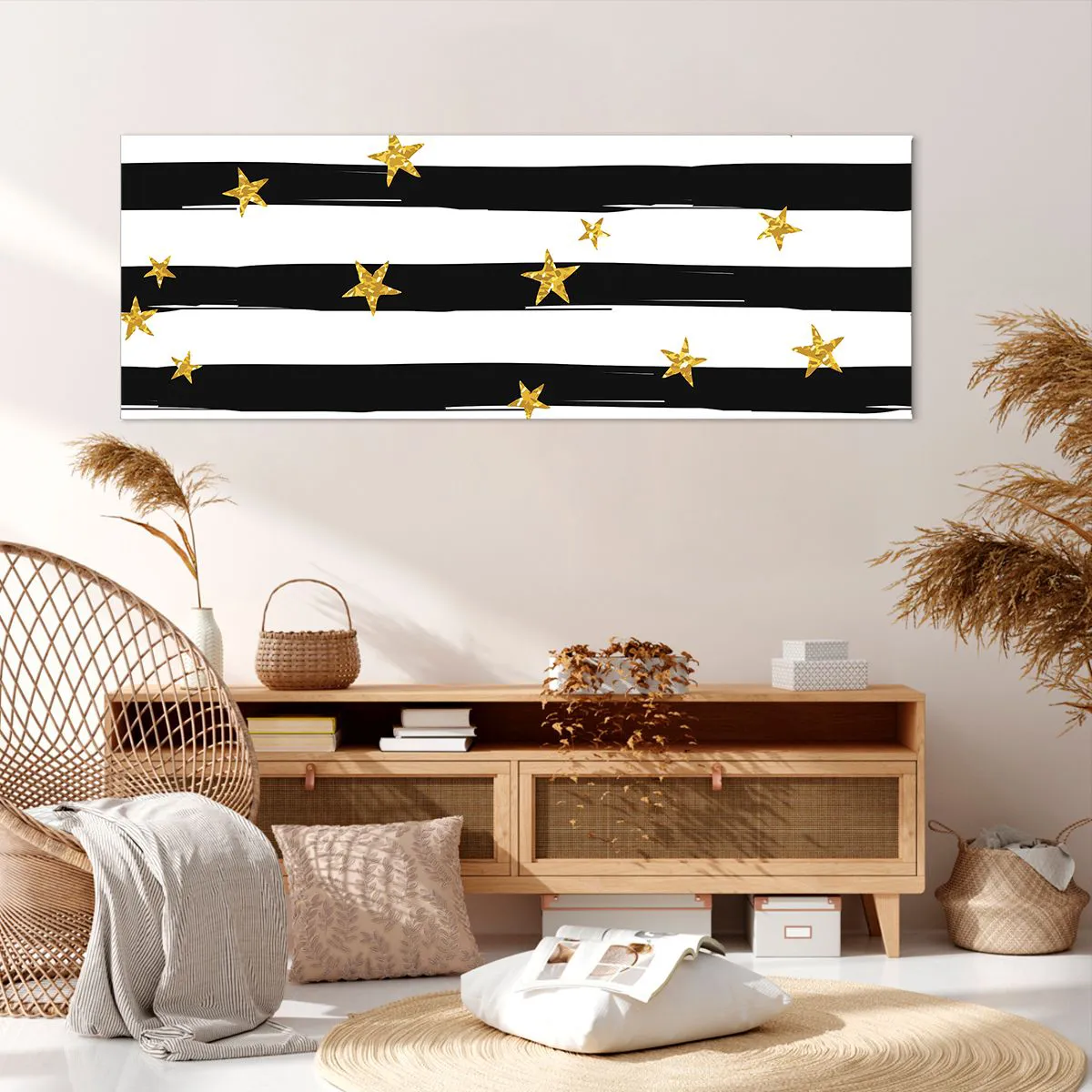 Impression sur toile - Image sur toile - Rayures noires et blanches avec étoiles dorées - 140x50cm - Nous sommes tous nés sous une bonne étoile - Décoration murale moderne pour le salon et la chambre ARTTOR