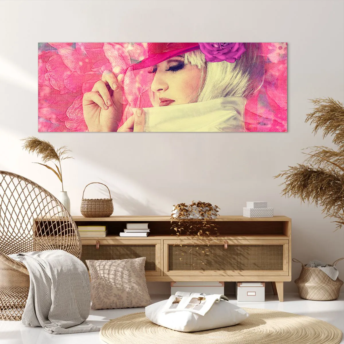 Lærredstryk - Billede på lærred - Retro portræt i lyserødt - 140x50 cm