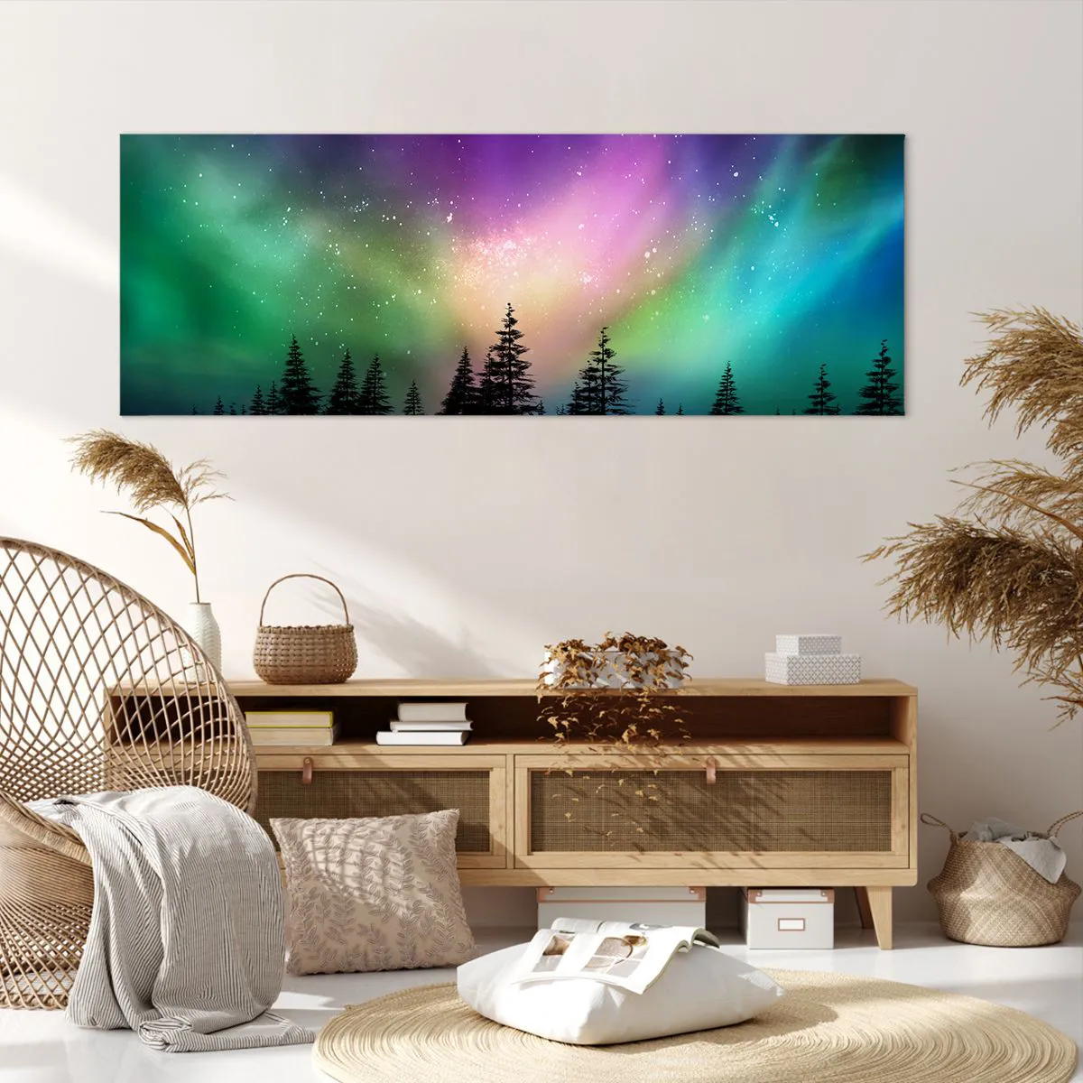 Quadro su tela - Stampe su Tela - Aurora boreale su una foresta con cielo stellato - 140x50cm - Magia bianca - Decorazione murale moderna per soggiorno e camera da letto ARTTOR
