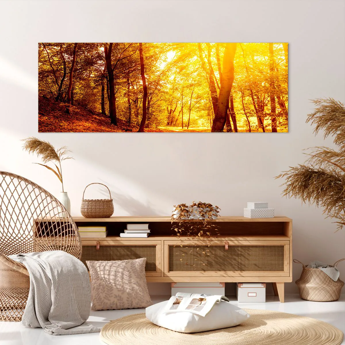 Cuadro sobre lienzo - Impresión de Imagen - Claro de otoño bajo la luz dorada del sol con un sendero forestal - 140x50cm - Hacia un claro de oro - Decoración de pared moderna para salón y dormitorio ARTTOR