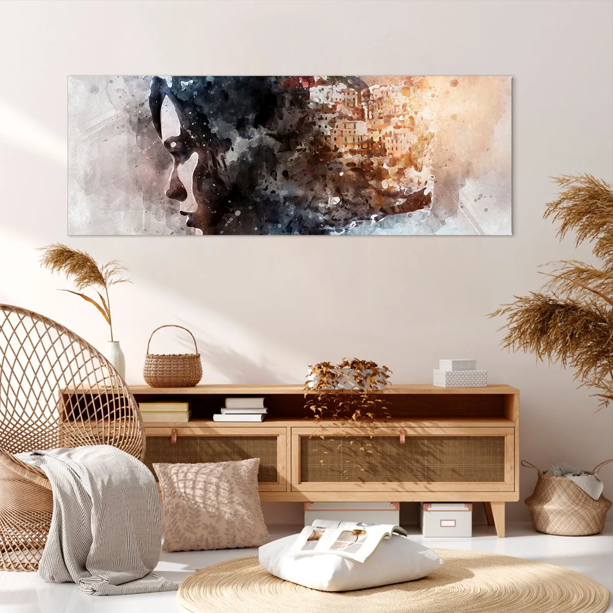 Quadro su tela - Stampe su Tela - Ritratto di una donna che combina il suo viso con un paesaggio urbano sullo sfondo - 140x50cm - Racconto su una ragazza con città sullo sfondo - Decorazione murale moderna per soggiorno e camera da letto ARTTOR