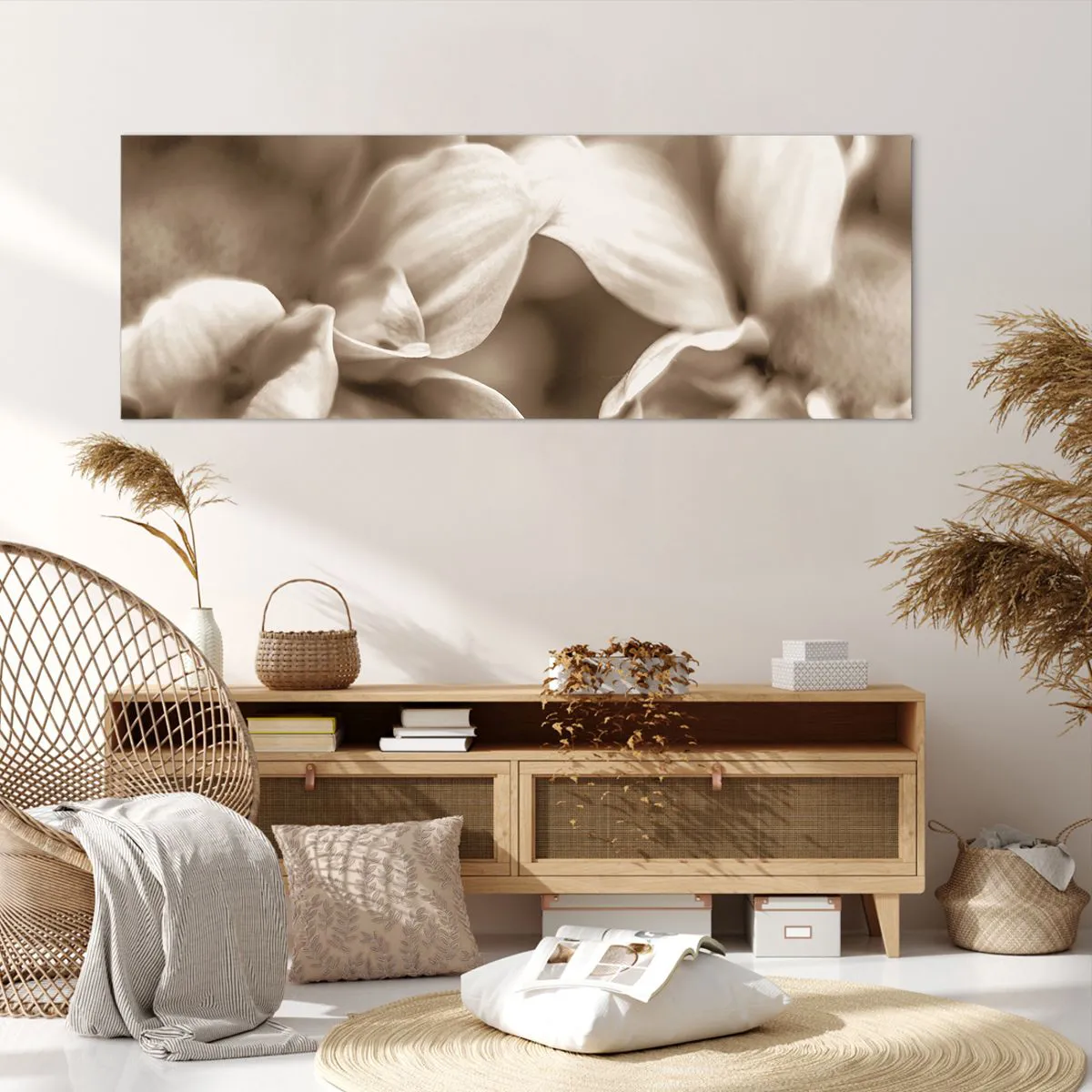 Obraz na płótnie - Zbliżenie kwiatów w delikatnej sepii o miękkich konturach - 140x50cm - Łagodne jak uśmiech - Nowoczesna dekoracja ścienna do salonu i sypialni ARTTOR