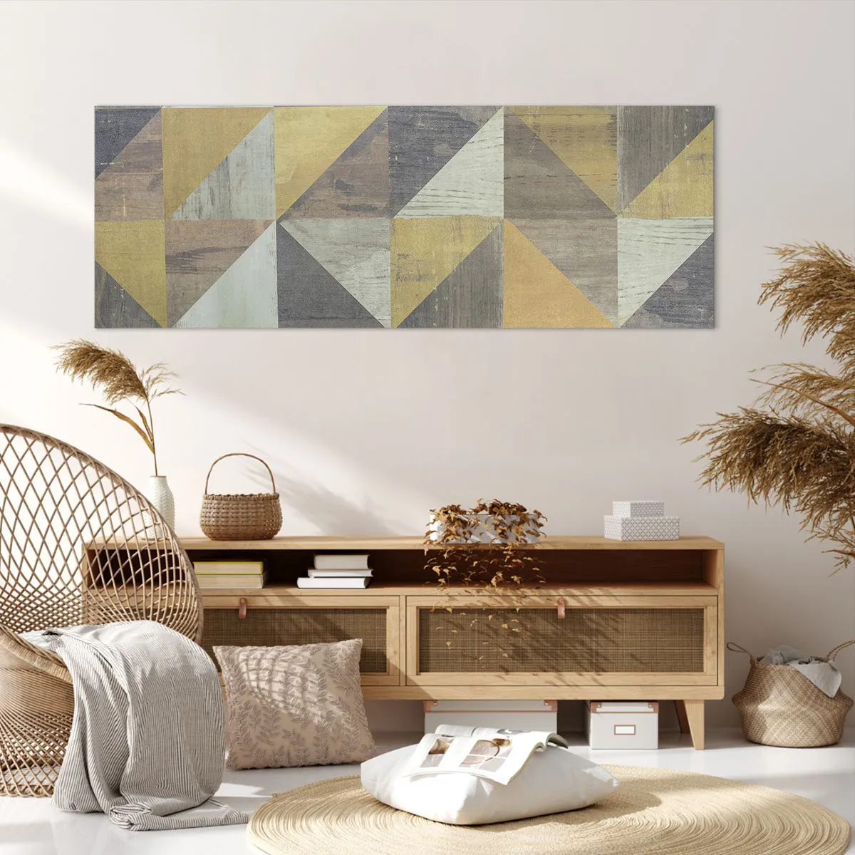 Obraz na płótnie - Geometryczna kompozycja trójkątów w odcieniach ziemi - 140x50cm - Pod kątem trójkąta - Nowoczesna dekoracja ścienna do salonu i sypialni ARTTOR