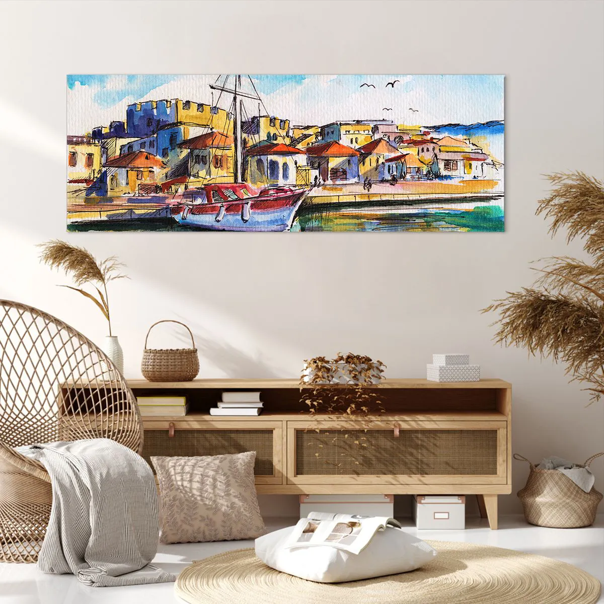 Impression sur toile - Image sur toile - Un port pittoresque avec un bateau et des bâtiments colorés - 140x50cm - Après-midi arc-en-ciel - Décoration murale moderne pour le salon et la chambre ARTTOR