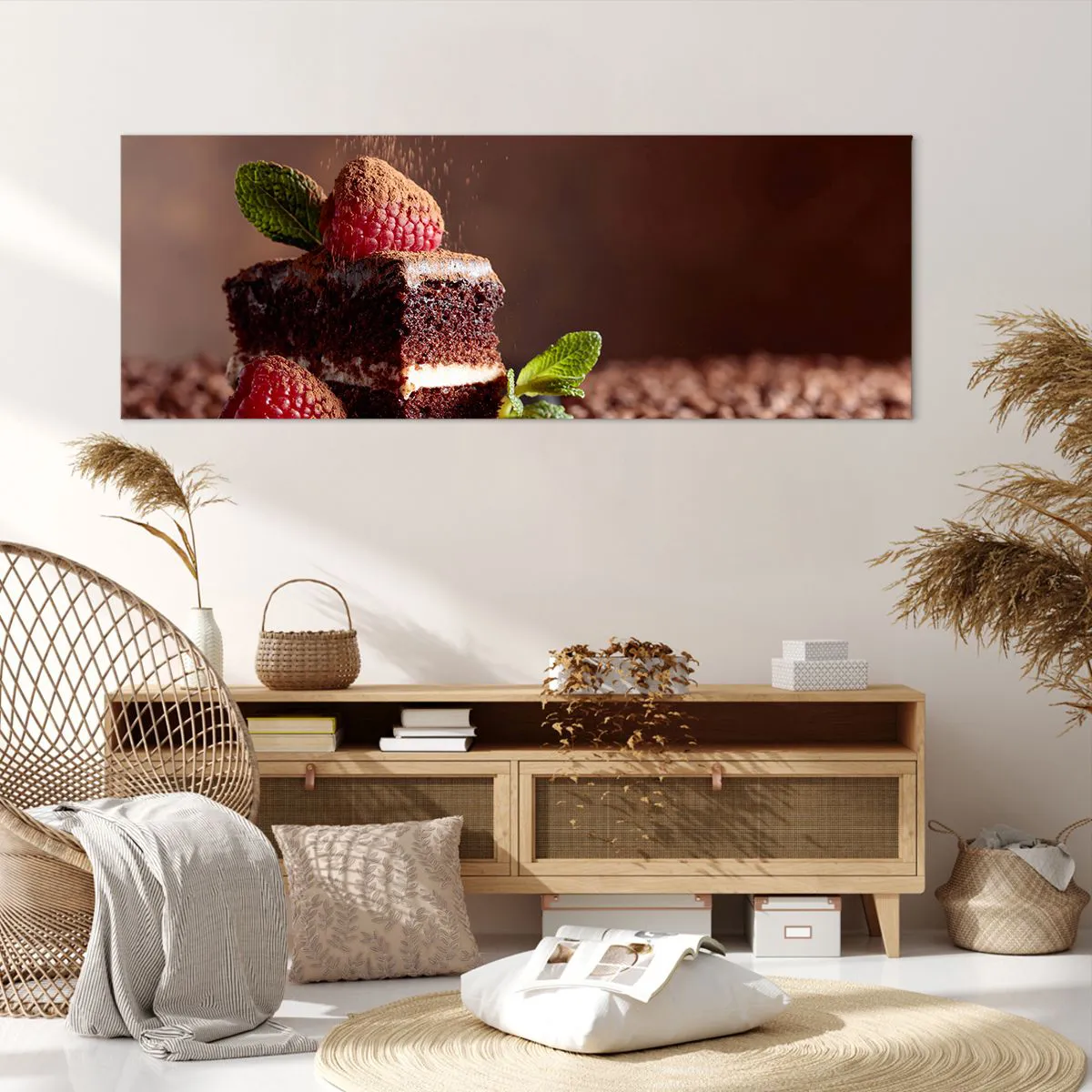 Impression sur toile - Image sur toile - Gâteau au chocolat aux framboises et à la menthe sur fond de fèves de cacao - 140x50cm - La vie est douce - Décoration murale moderne pour le salon et la chambre ARTTOR