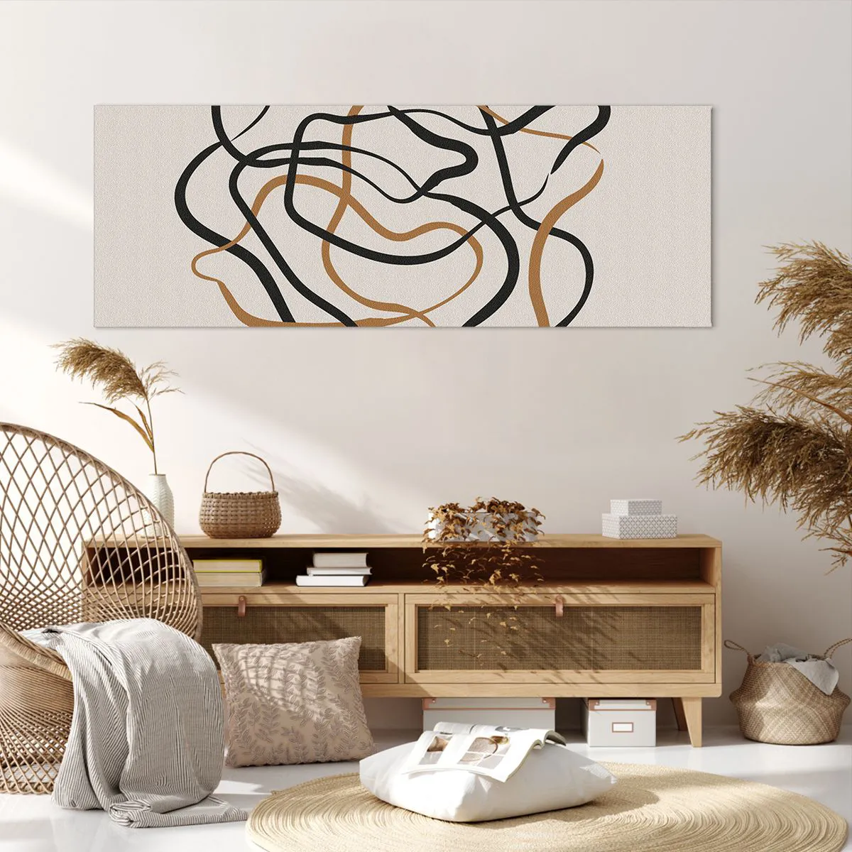 Cuadro sobre lienzo - Impresión de Imagen - Líneas enredadas en negro y dorado sobre un fondo claro. - 140x50cm - Todo ha salido mal - Decoración de pared moderna para salón y dormitorio ARTTOR
