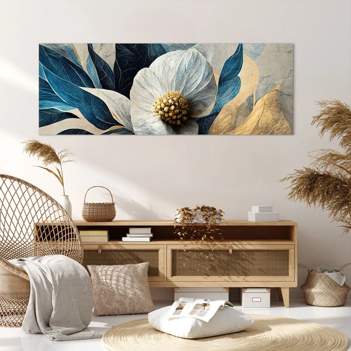 Quadro su tela - Stampe su Tela - Un fiore con foglie blu su uno sfondo elegante - 140x50cm - Ha un cuore d'oro - Decorazione murale moderna per soggiorno e camera da letto ARTTOR