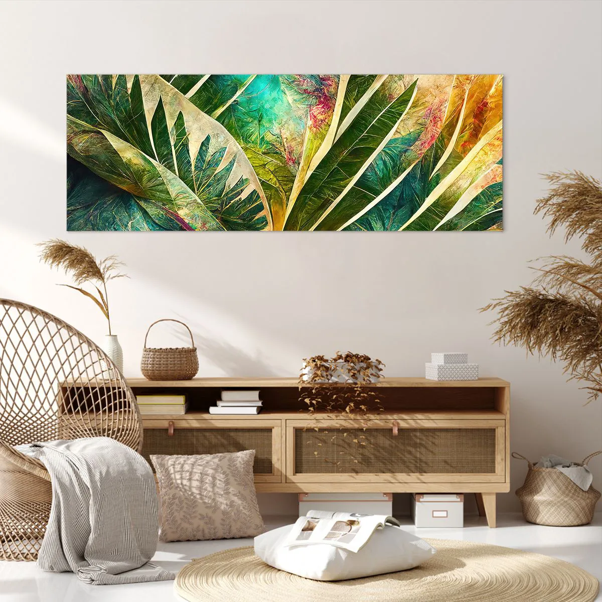 Cuadro sobre lienzo - Impresión de Imagen - Hojas tropicales coloridas sobre un fondo claro - 140x50cm - Los colores del trópico - Decoración de pared moderna para salón y dormitorio ARTTOR