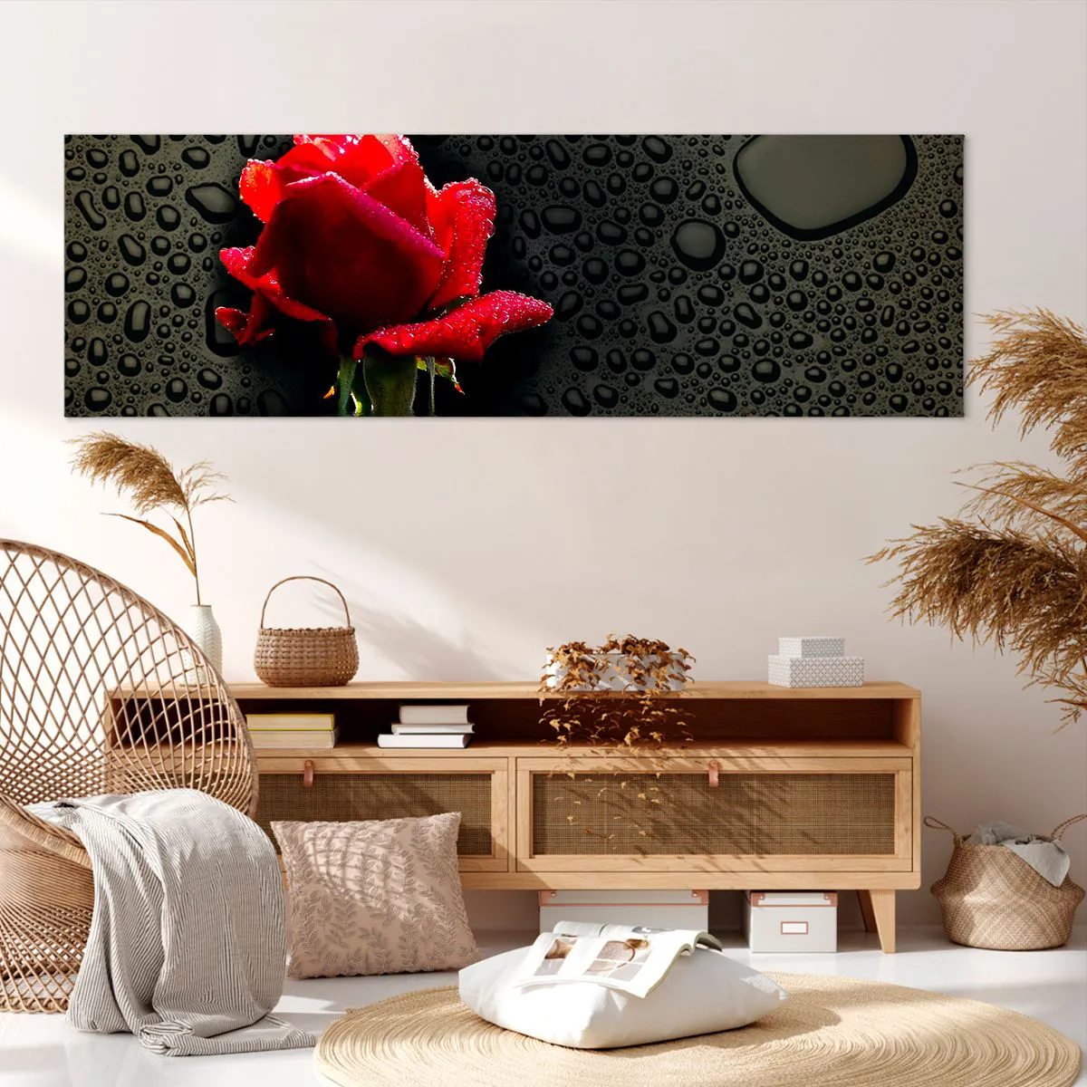Impression sur toile - Image sur toile - Rose rouge avec des gouttes d'eau sur un fond sombre - 160x50cm - Rouge et noir - Décoration murale moderne pour le salon et la chambre ARTTOR
