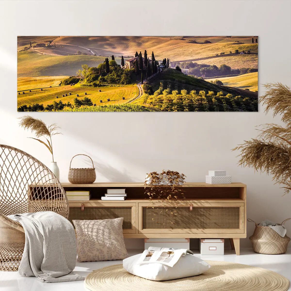 Cuadro sobre lienzo - Impresión de Imagen - Paisaje toscano con viñedos y una casa en una colina. - 160x50cm - Paisaje toscano - Decoración de pared moderna para salón y dormitorio ARTTOR