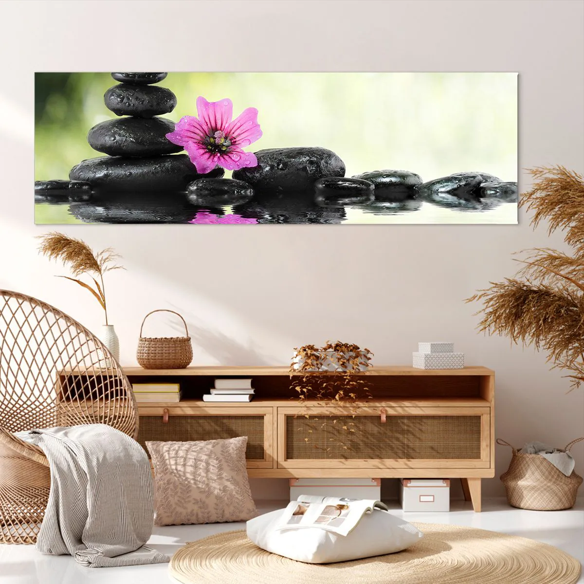 Cuadro sobre lienzo - Impresión de Imagen - Piedras zen y una flor rosa reflejada en el agua. - 160x50cm - Tiempo para el alma - Decoración de pared moderna para salón y dormitorio ARTTOR