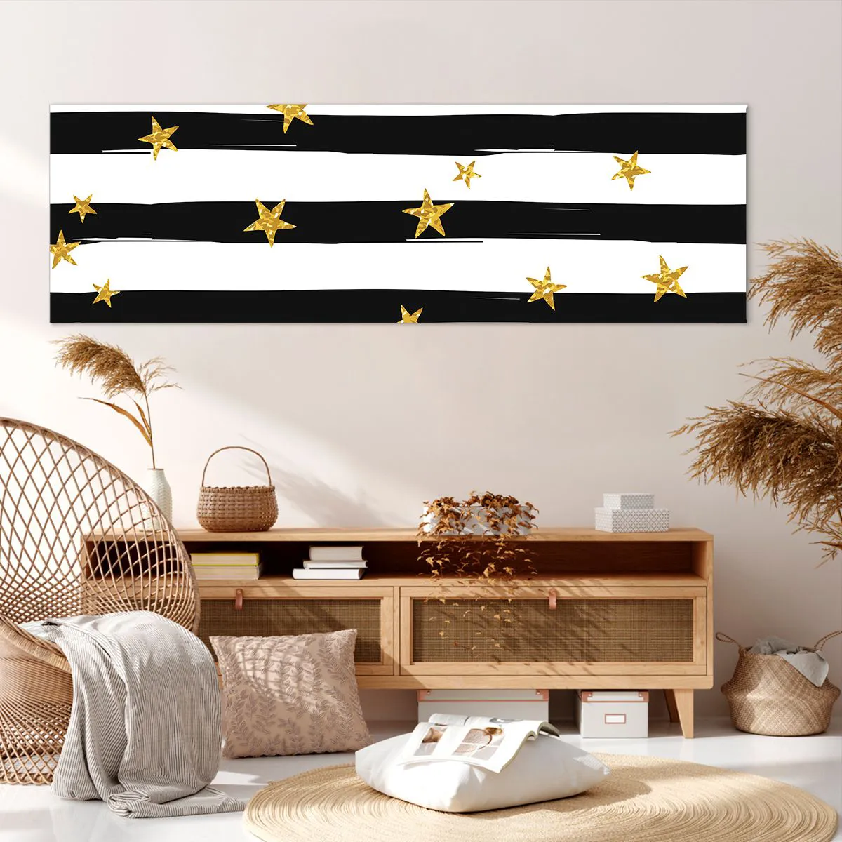 Bild auf Leinwand - Leinwandbild - Schwarz-weiße Streifen mit goldenen Sternen - 160x50cm - Wir wurden alle unter einem glücklichen Stern geboren - Moderne Wanddekoration für Wohnzimmer und Schlafzimmer ARTTOR