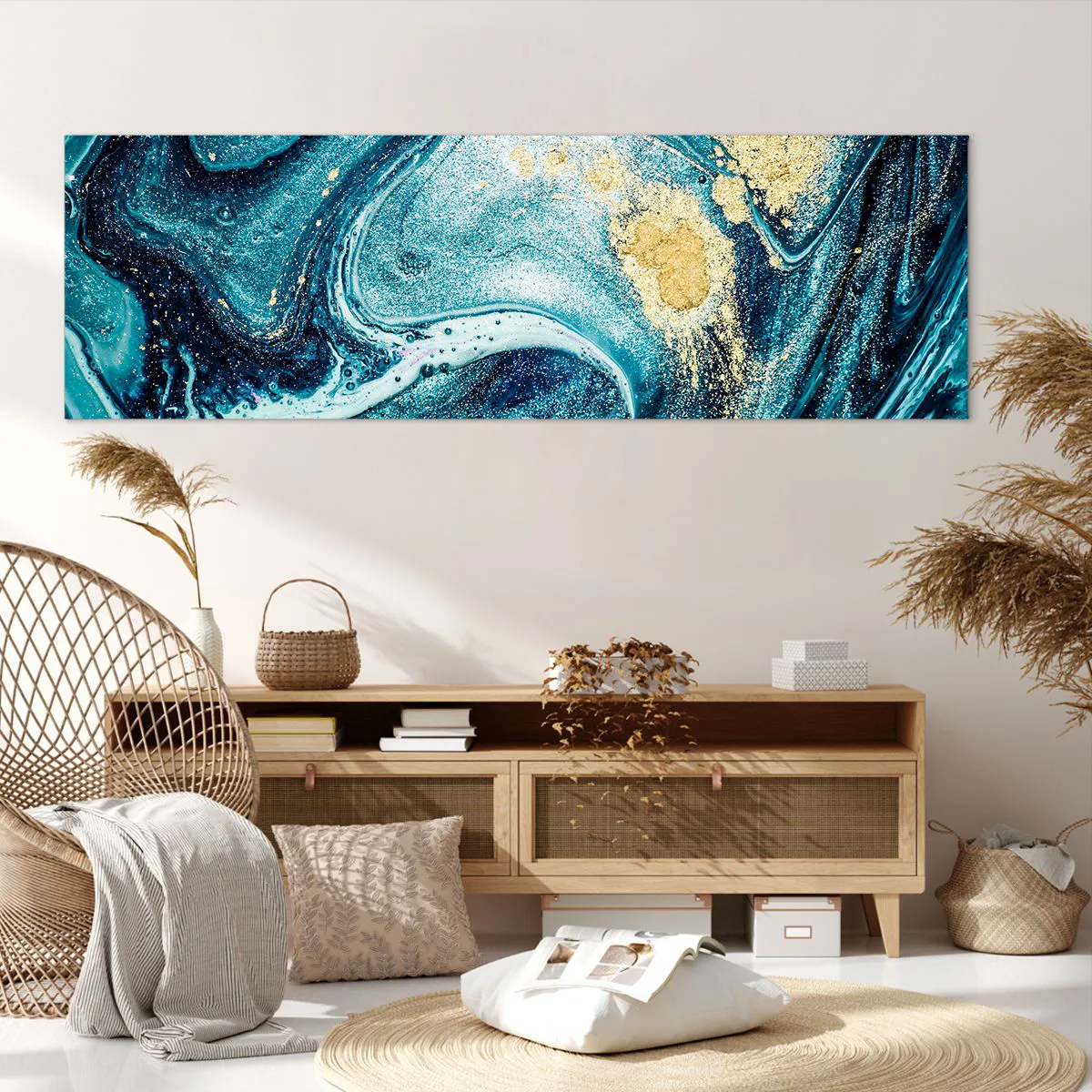 Bild auf Leinwand - Leinwandbild - Eine abstrakte Komposition aus Wellen und goldenen Akzenten - 160x50cm - Blauer Wirbel - Moderne Wanddekoration für Wohnzimmer und Schlafzimmer ARTTOR