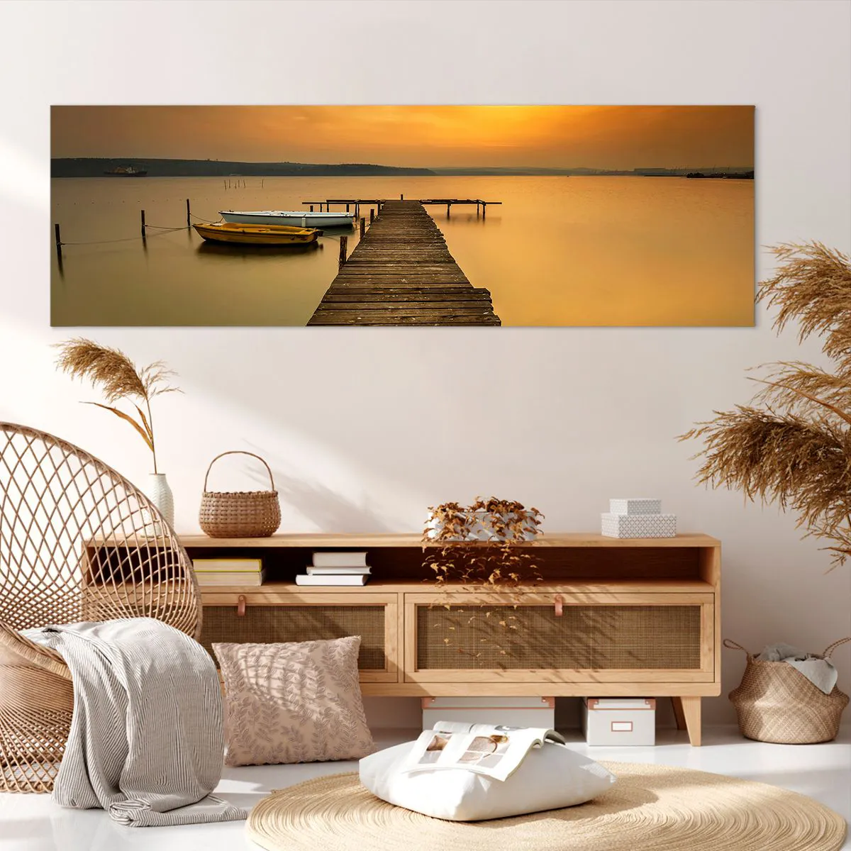 Quadro su tela - Stampe su Tela - Pontile in legno e barche sul lago al tramonto - 160x50cm - Ti apro il cielo dorato - Decorazione murale moderna per soggiorno e camera da letto ARTTOR