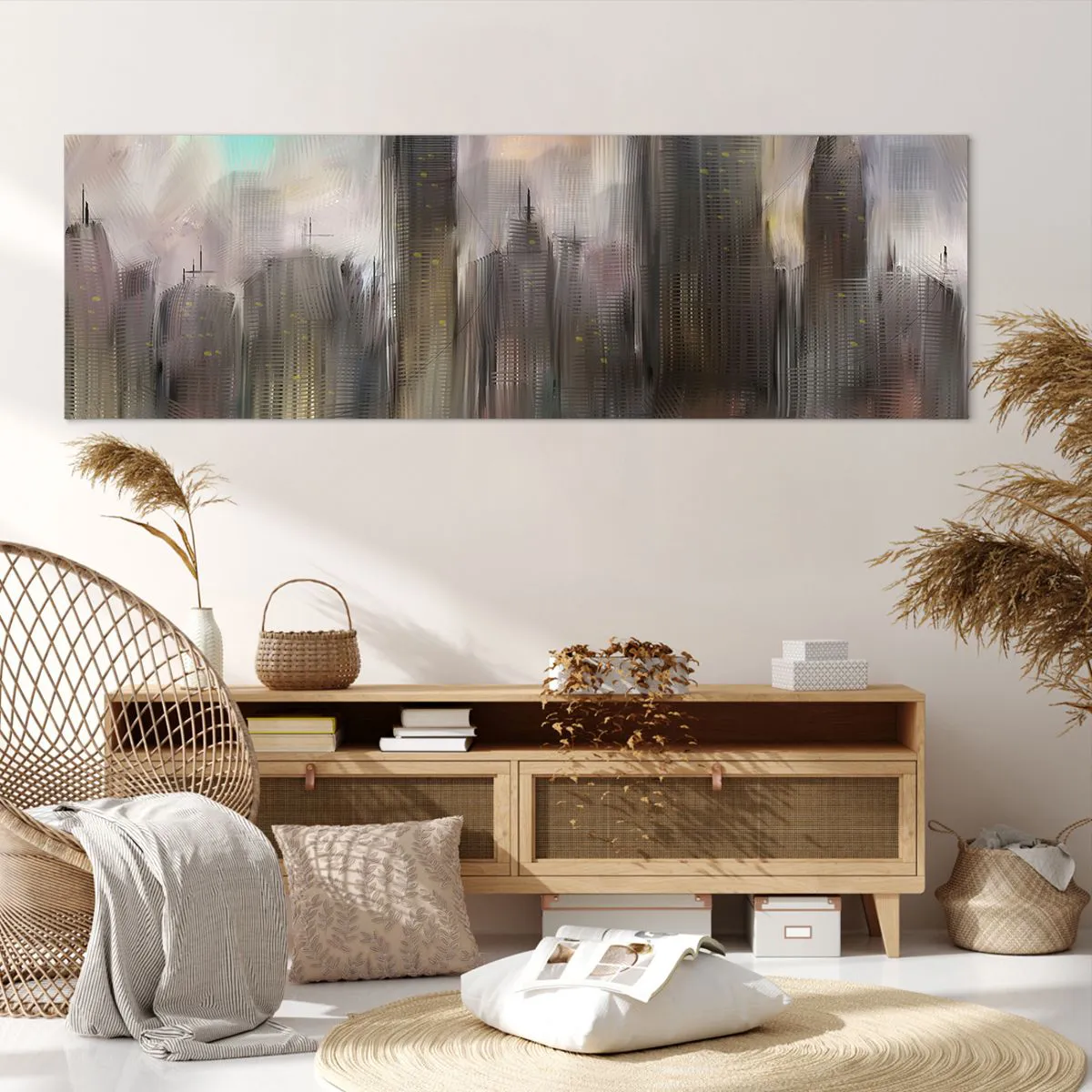 Bild auf Leinwand - Leinwandbild - Eine künstlerische Vision einer Stadtlandschaft mit Wolkenkratzern in Pastellfarben. - 160x50cm - Eine Komposition aus Stahl, Stein und Nebel - Moderne Wanddekoration für Wohnzimmer und Schlafzimmer ARTTOR