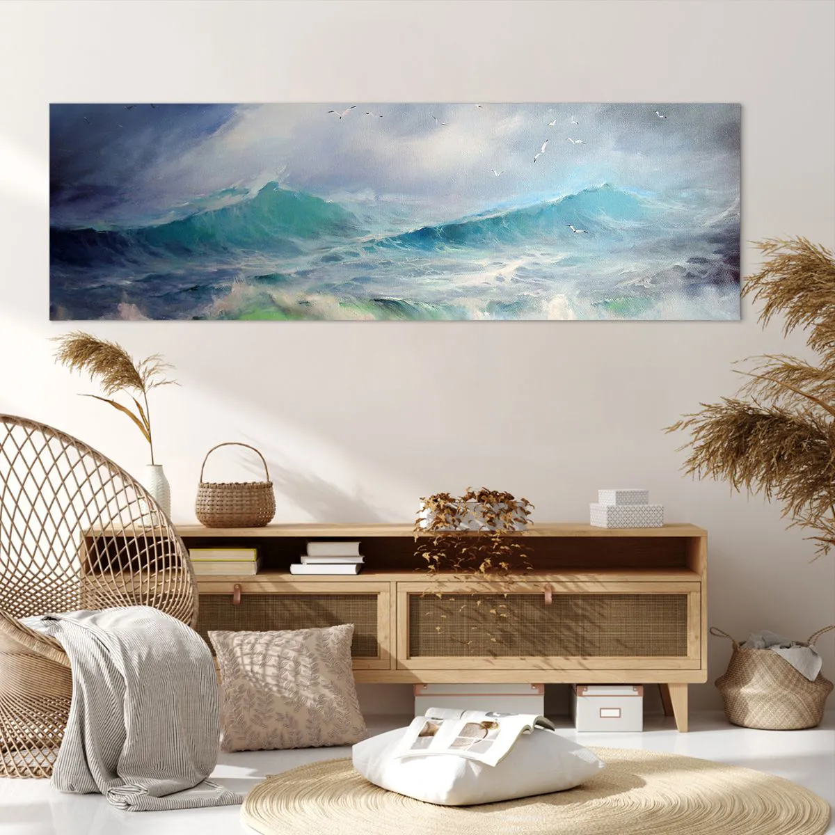 Impression sur toile - Image sur toile - De grosses vagues sur l'océan - 160x50cm - "Le tourbillon hurlait de triomphe..." - Décoration murale moderne pour le salon et la chambre ARTTOR