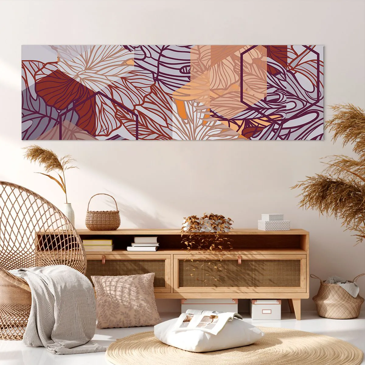 Quadro su tela - Stampe su Tela - Un motivo decorativo a foglie tropicali nelle tonalità del viola, dell'arancione e del beige. - 160x50cm - Legame impossibile di geometria e natura - Decorazione murale moderna per soggiorno e camera da letto ARTTOR