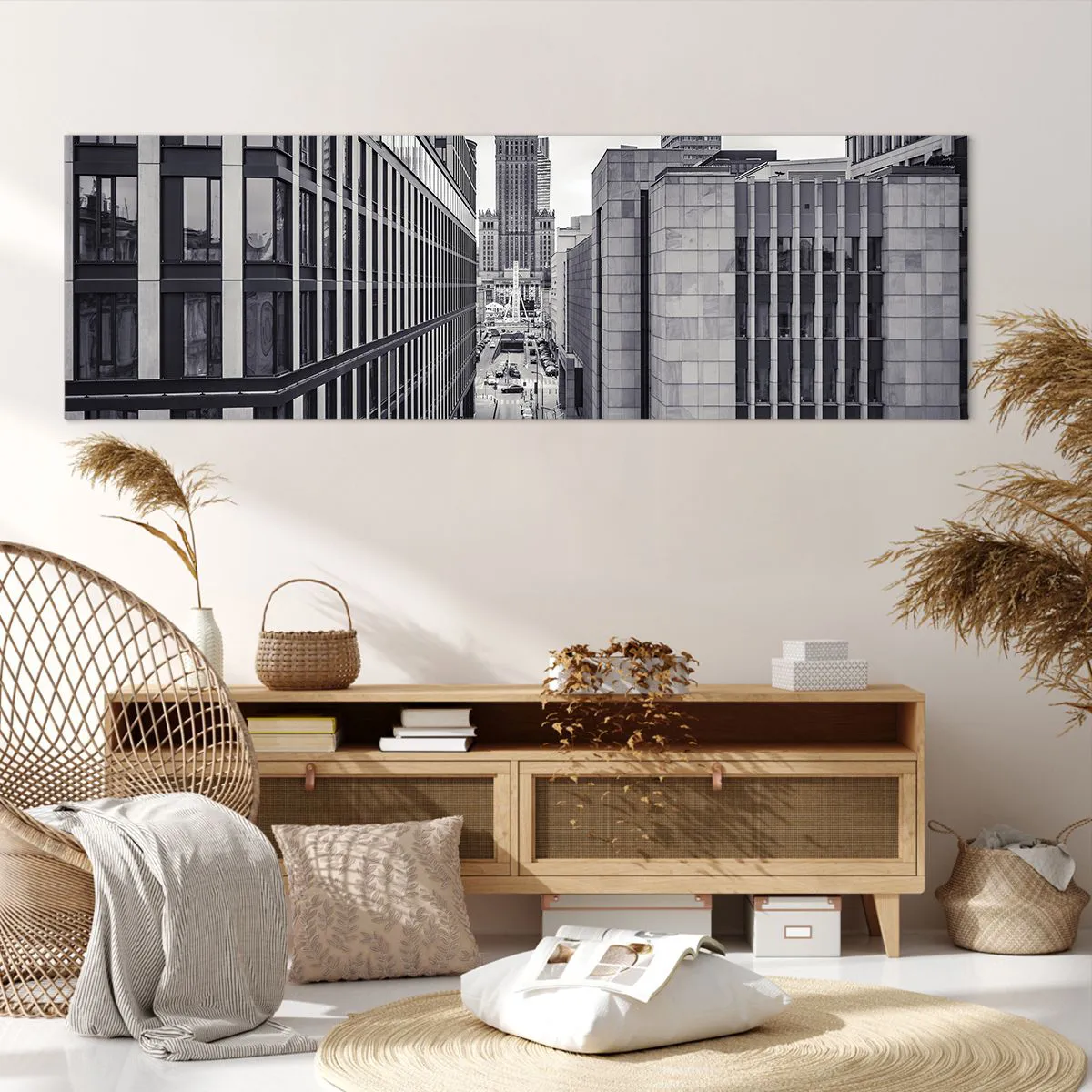 Obraz na płótnie - Panorama Warszawy z widokiem na Pałac Kultury i otaczające budynki - 160x50cm - Warszawska dolina - Nowoczesna dekoracja ścienna do salonu i sypialni ARTTOR