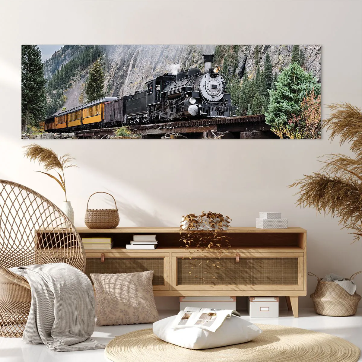 Obraz na płótnie - Parowóz na moście w malowniczym górskim krajobrazie - 160x50cm - A dokąd to? Dokąd? - Nowoczesna dekoracja ścienna do salonu i sypialni ARTTOR