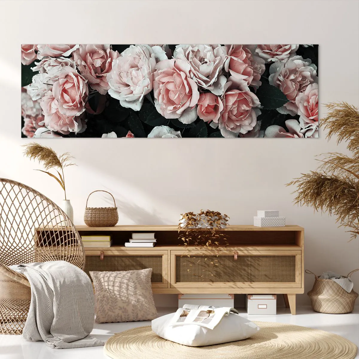 Quadro su tela - Stampe su Tela - Rose rosa su sfondo scuro in una composizione delicata - 160x50cm - Composizione di rose - Decorazione murale moderna per soggiorno e camera da letto ARTTOR