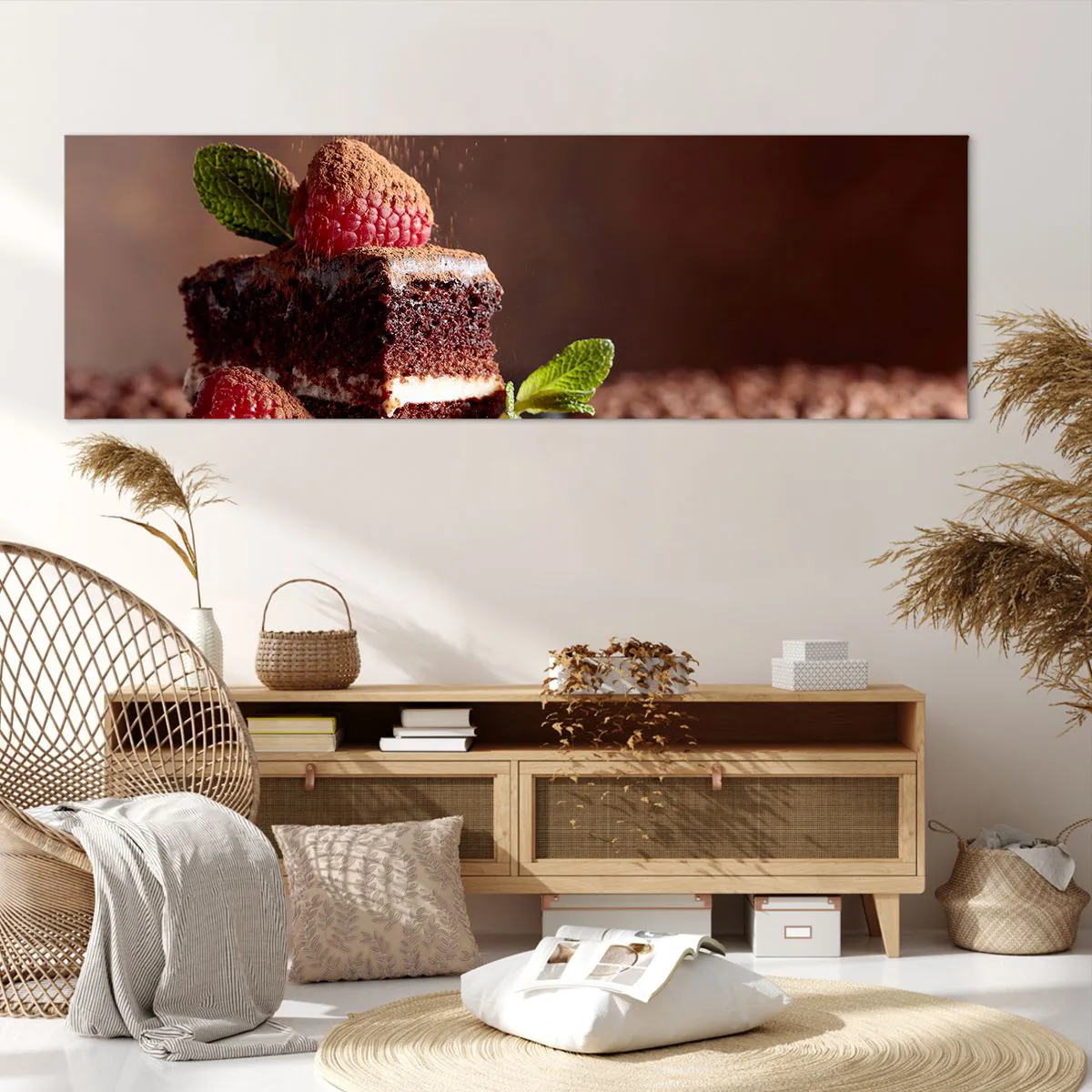Obraz na płótnie - Czekoladowe ciasto z malinami i miętą na tle ziaren kakao - 160x50cm - Życie jest słodkie - Nowoczesna dekoracja ścienna do salonu i sypialni ARTTOR