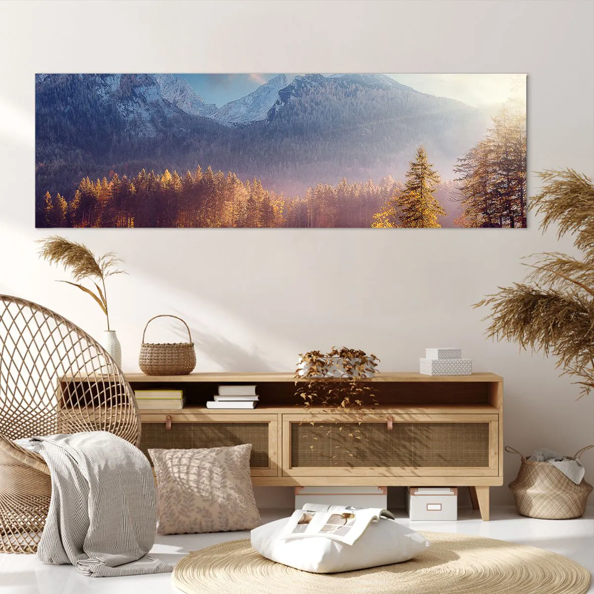 Obraz na płótnie - Malowniczy widok na górski las i jezioro o świcie - 160x50cm - W górach i dolinach - Nowoczesna dekoracja ścienna do salonu i sypialni ARTTOR