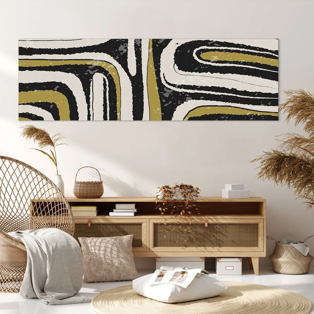 Impression sur toile - Image sur toile - Motif abstrait en noir, blanc et or - 160x50cm - Composition : routes et ruelles - Décoration murale moderne pour le salon et la chambre ARTTOR