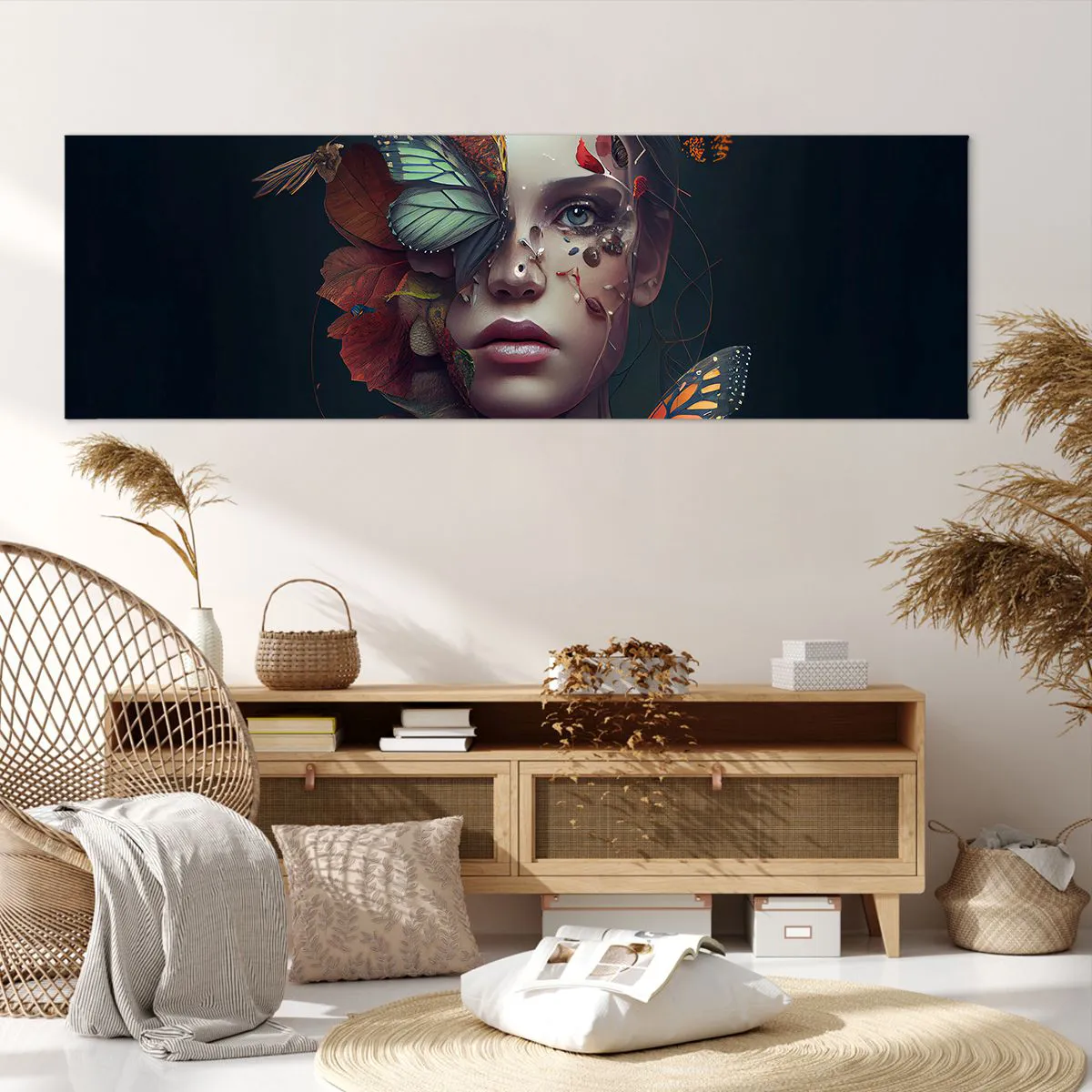 Impression sur toile - Image sur toile - Portrait d'une femme avec des papillons et des éléments végétaux - 160x50cm - Une merveilleuse métamorphose - Décoration murale moderne pour le salon et la chambre ARTTOR