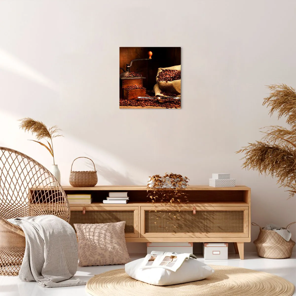 Quadro em tela - Natureza morta com grãos de café e moedor - 40x40 cm