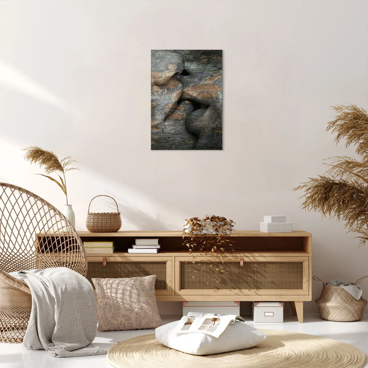 Bild auf Leinwand - Leinwandbild - Ein künstlerisches Motiv eines in Fels gehauenen Gesichts mit natürlichem Textureffekt. - 50x70cm - Für immer zusammen - Moderne Wanddekoration für Wohnzimmer und Schlafzimmer ARTTOR