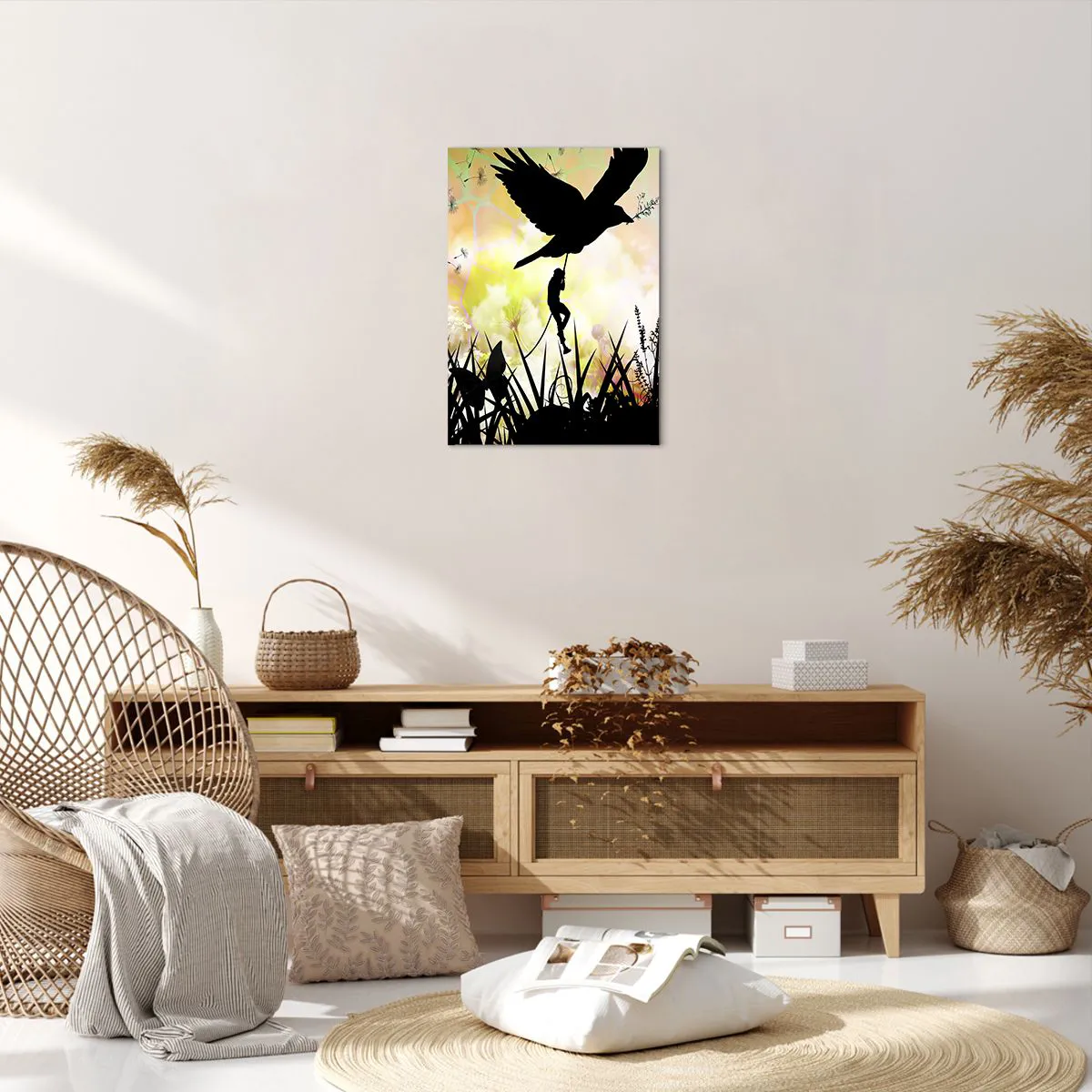 Cuadro sobre lienzo - Impresión de Imagen - Silueta de naturaleza con un pájaro y un diente de león. - 50x70cm - En un ambiente de cuento de hadas - Decoración de pared moderna para salón y dormitorio ARTTOR