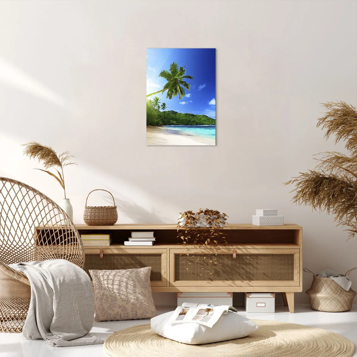 Cuadro sobre lienzo - Impresión de Imagen - Playa tropical con palmeras y mar turquesa. - 50x70cm - Un suave toque tropical - Decoración de pared moderna para salón y dormitorio ARTTOR