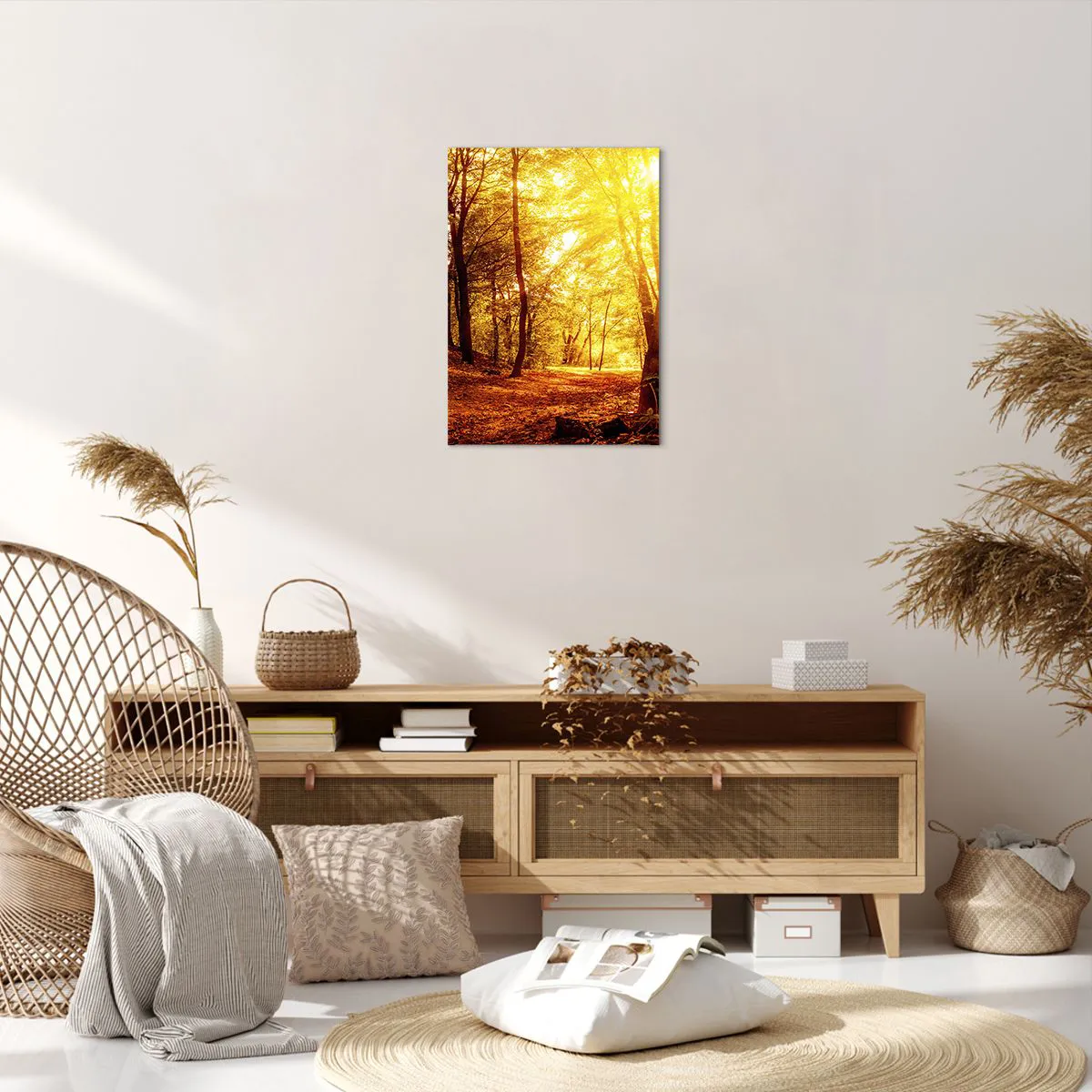 Impression sur toile - Image sur toile - Clairière d'automne sous le soleil doré avec un sentier forestier - 50x70cm - Vers la clairière dorée - Décoration murale moderne pour le salon et la chambre ARTTOR