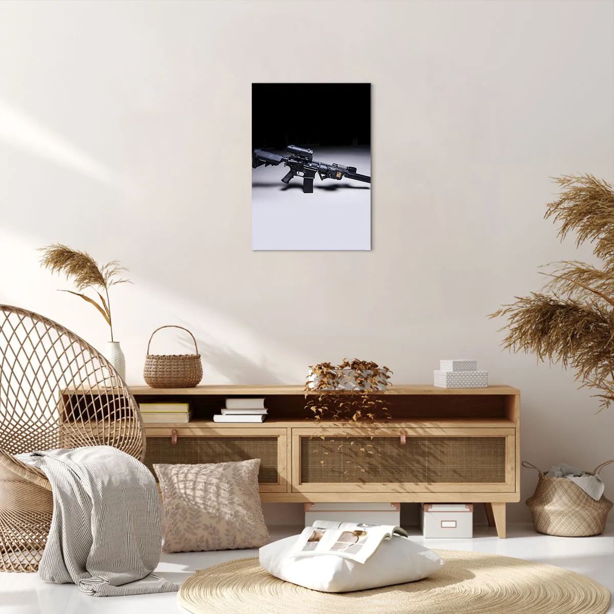 Cuadro sobre lienzo - Impresión de Imagen - Un rifle moderno en negro sobre un fondo oscuro. - 50x70cm - Un caballero oscuro - Decoración de pared moderna para salón y dormitorio ARTTOR