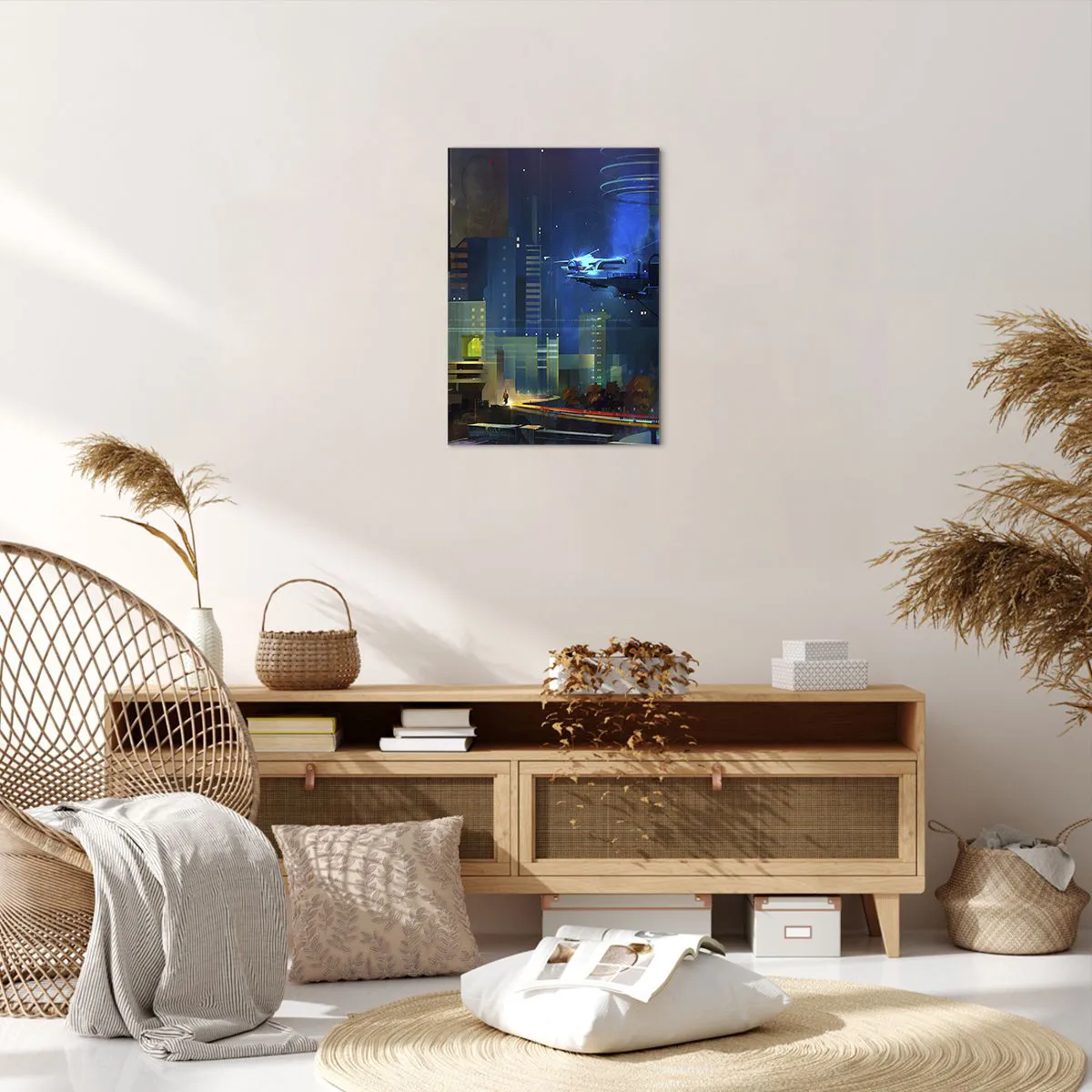 Bild auf Leinwand - Leinwandbild - Futuristische Stadt bei Nacht mit Neonlichtern und einem fliegenden Fahrzeug - 50x70cm - In naher Zukunft - Moderne Wanddekoration für Wohnzimmer und Schlafzimmer ARTTOR