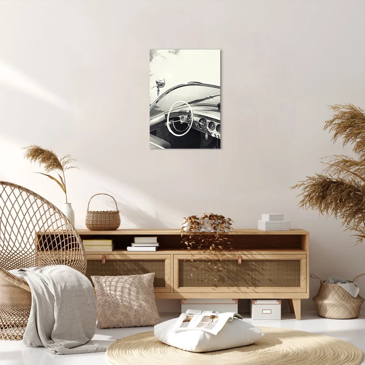 Bild auf Leinwand - Leinwandbild - Oldtimer-Innenraum im monochromen Stil - 50x70cm - Wetter für die Reichen - Moderne Wanddekoration für Wohnzimmer und Schlafzimmer ARTTOR