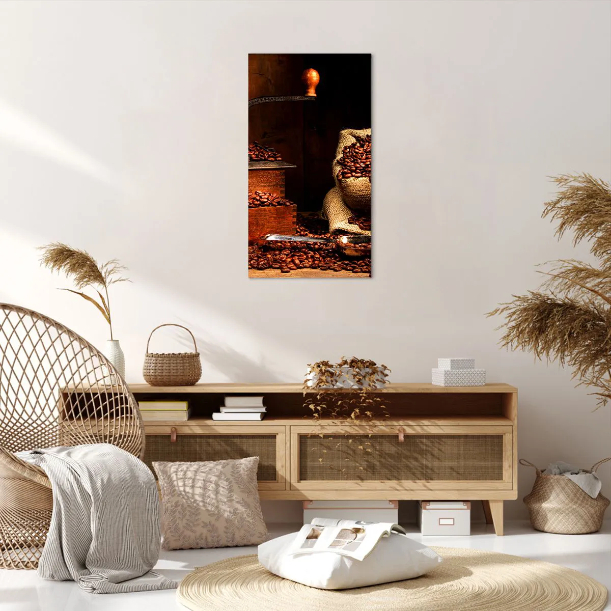 Quadro em tela - Natureza morta com grãos de café e moedor - 55x100 cm