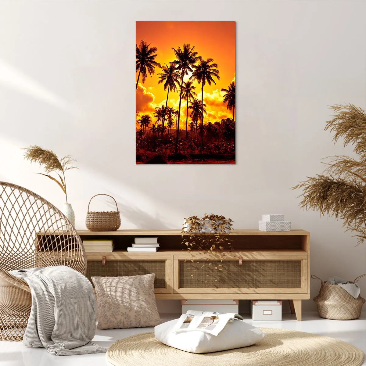 Cuadro sobre lienzo - Impresión de Imagen - Palmeras contra un cielo dorado durante una puesta de sol tropical - 70x100cm - Las montañas arden, los bosques arden - Decoración de pared moderna para salón y dormitorio ARTTOR