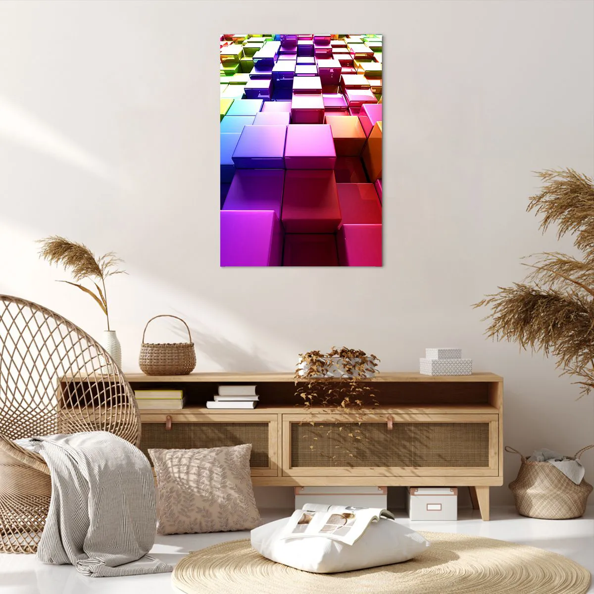 Impression sur toile - Image sur toile - Cubes géométriques 3D colorés - 70x100cm - Collaboration Op art dans une équipe - Décoration murale moderne pour le salon et la chambre ARTTOR