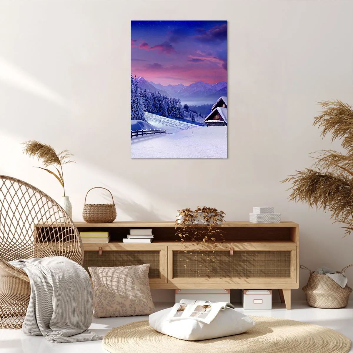 Impression sur toile - Image sur toile - Paysage d'hiver avec chalets de montagne au coucher du soleil - 70x100cm - Douce nuit - Décoration murale moderne pour le salon et la chambre ARTTOR