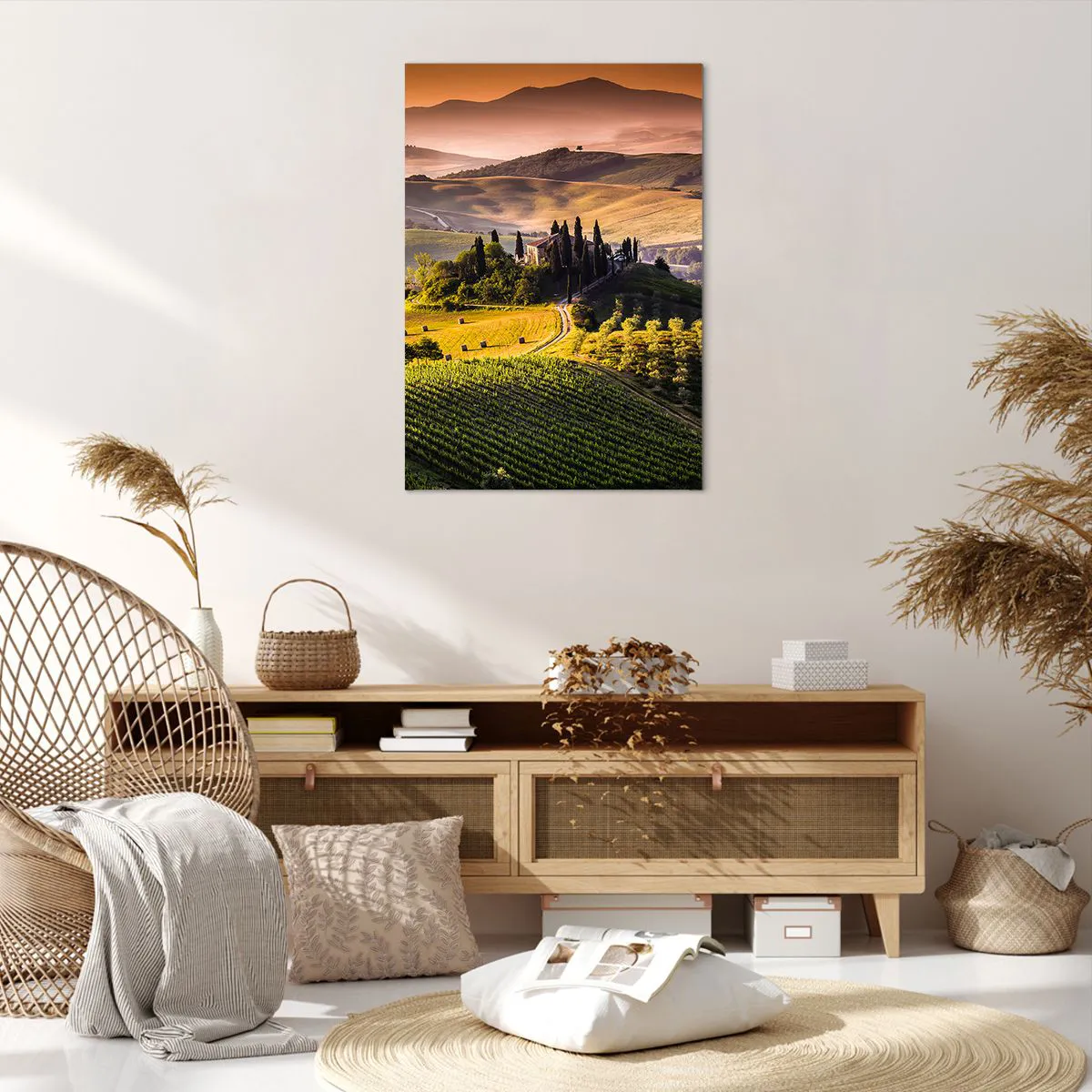 Obraz na płótnie - Toskański krajobraz z winnicami i domem na wzgórzu - 70x100cm - Arkadia - pejzaż toskański - Nowoczesna dekoracja ścienna do salonu i sypialni ARTTOR