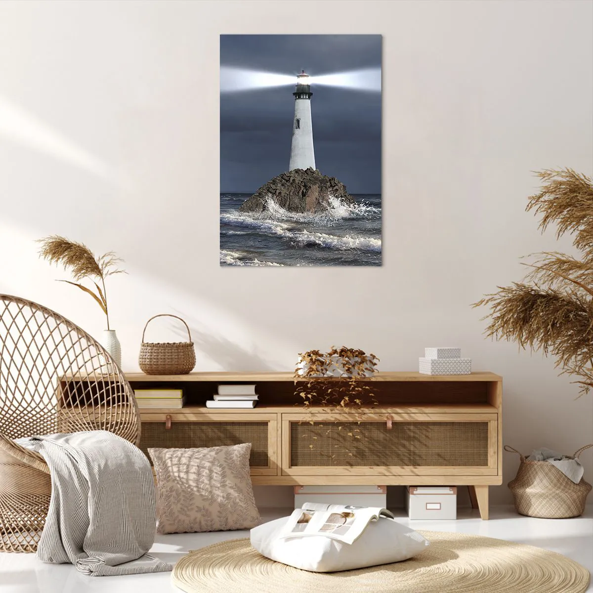 Bild auf Leinwand - Leinwandbild - Ein Leuchtturm auf einem Felsen, umgeben von stürmischer See - 70x100cm - Hier... hier... hier! - Moderne Wanddekoration für Wohnzimmer und Schlafzimmer ARTTOR