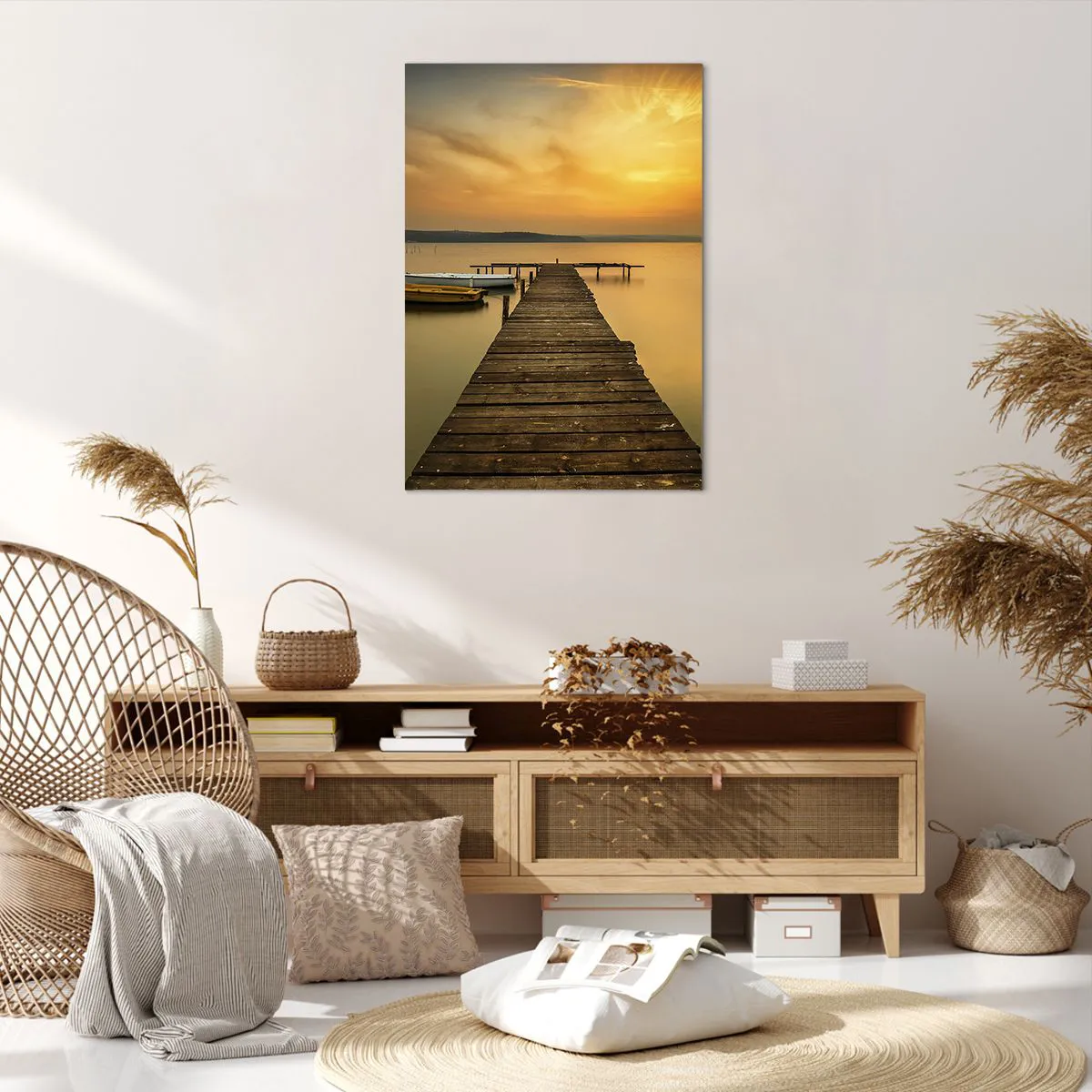Impression sur toile - Image sur toile - Jetée en bois et bateaux sur le lac au coucher du soleil - 70x100cm - Je t'ouvrirai le ciel d'or - Décoration murale moderne pour le salon et la chambre ARTTOR