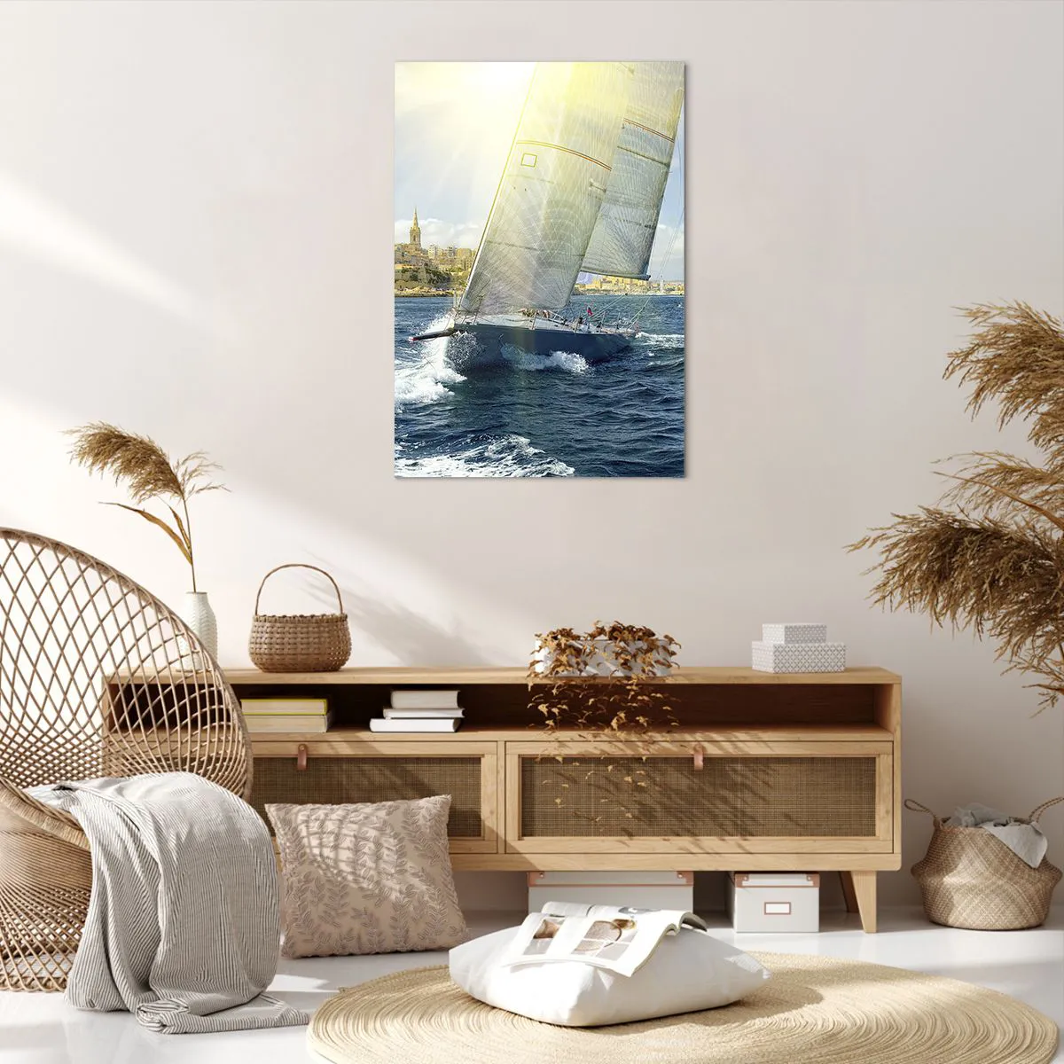 Cuadro sobre lienzo - Impresión de Imagen - Regata con el telón de fondo de una costa soleada - 70x100cm - Hora de abandonar la ciudad - Decoración de pared moderna para salón y dormitorio ARTTOR