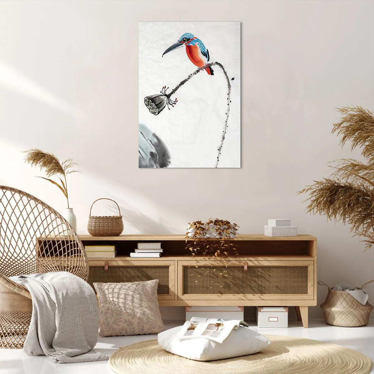 Cuadro sobre lienzo - Impresión de Imagen - Un pájaro colorido sobre un fondo de vegetación y una libélula. - 70x100cm - La vida de la pradera - Decoración de pared moderna para salón y dormitorio ARTTOR