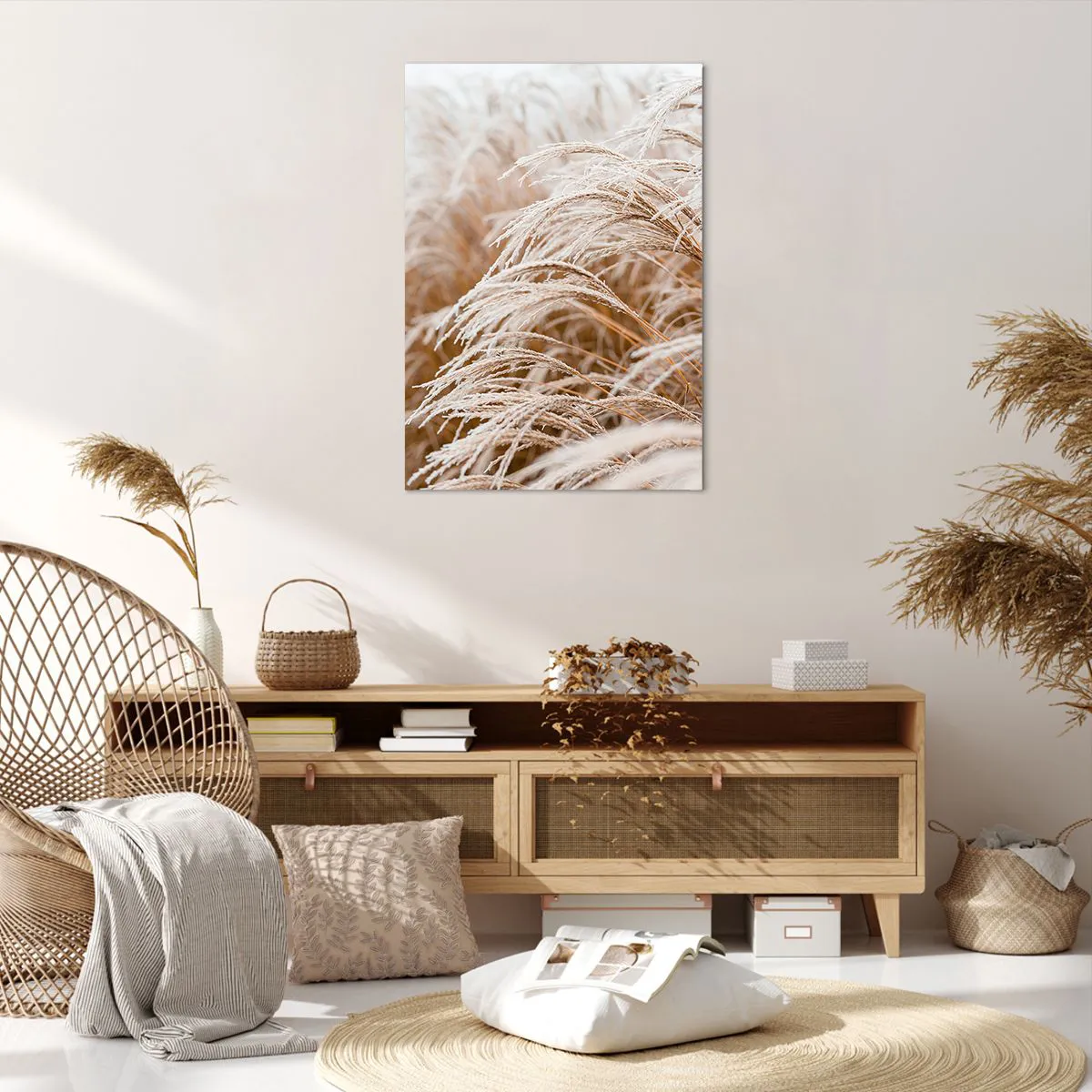 Obraz na płótnie - Suszone trawy pokryte delikatnym szronem w jesiennym świetle - 70x100cm - Pokłon jesiennemu słońcu - Nowoczesna dekoracja ścienna do salonu i sypialni ARTTOR