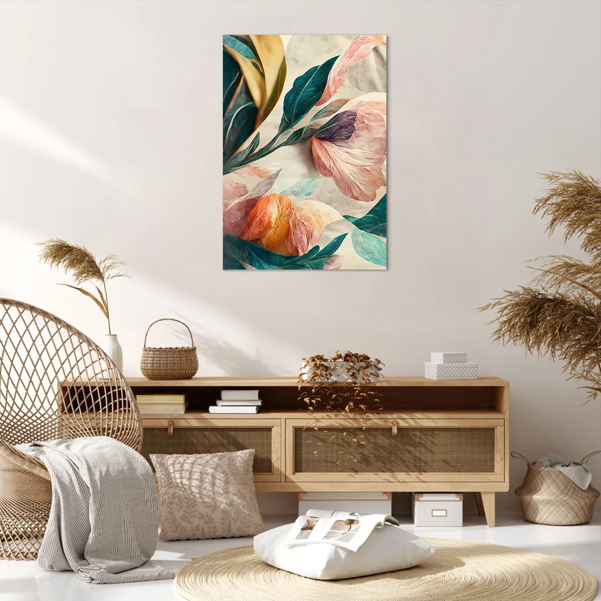 Obraz na płótnie - Kolorowe kwiaty w tropikalnym stylu na jasnym tle - 70x100cm - Kwiaty wysp południowych - Nowoczesna dekoracja ścienna do salonu i sypialni ARTTOR