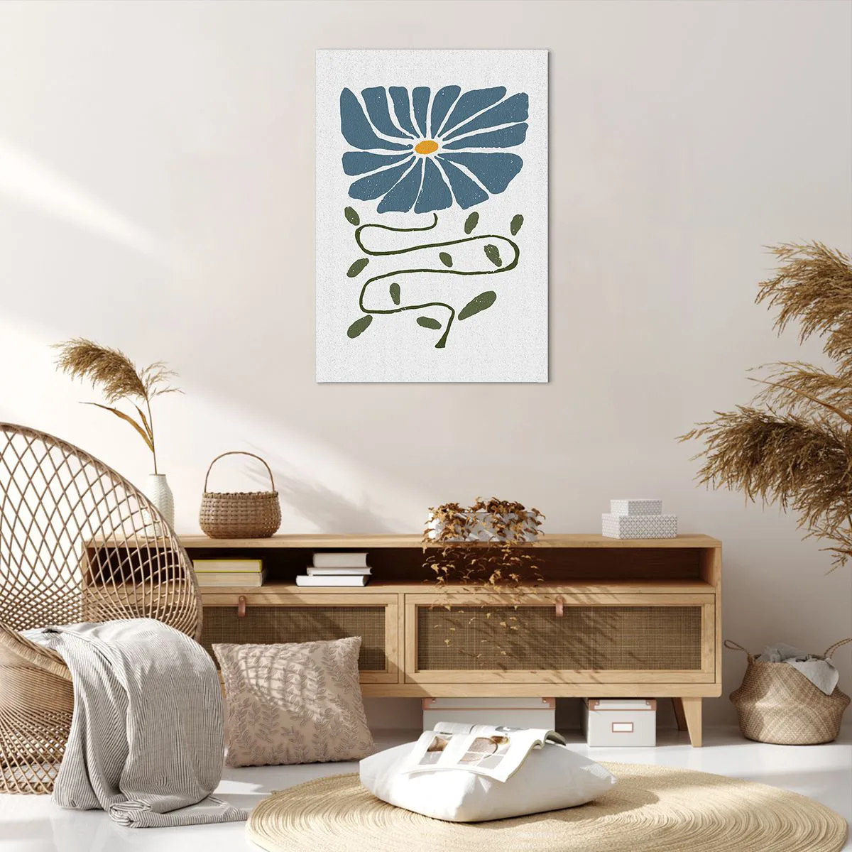 Obraz na płótnie - Niebieski kwiat z wijącą się zieloną łodygą na jasnym tle - 70x100cm - Gałązką do kwiatu - Nowoczesna dekoracja ścienna do salonu i sypialni ARTTOR